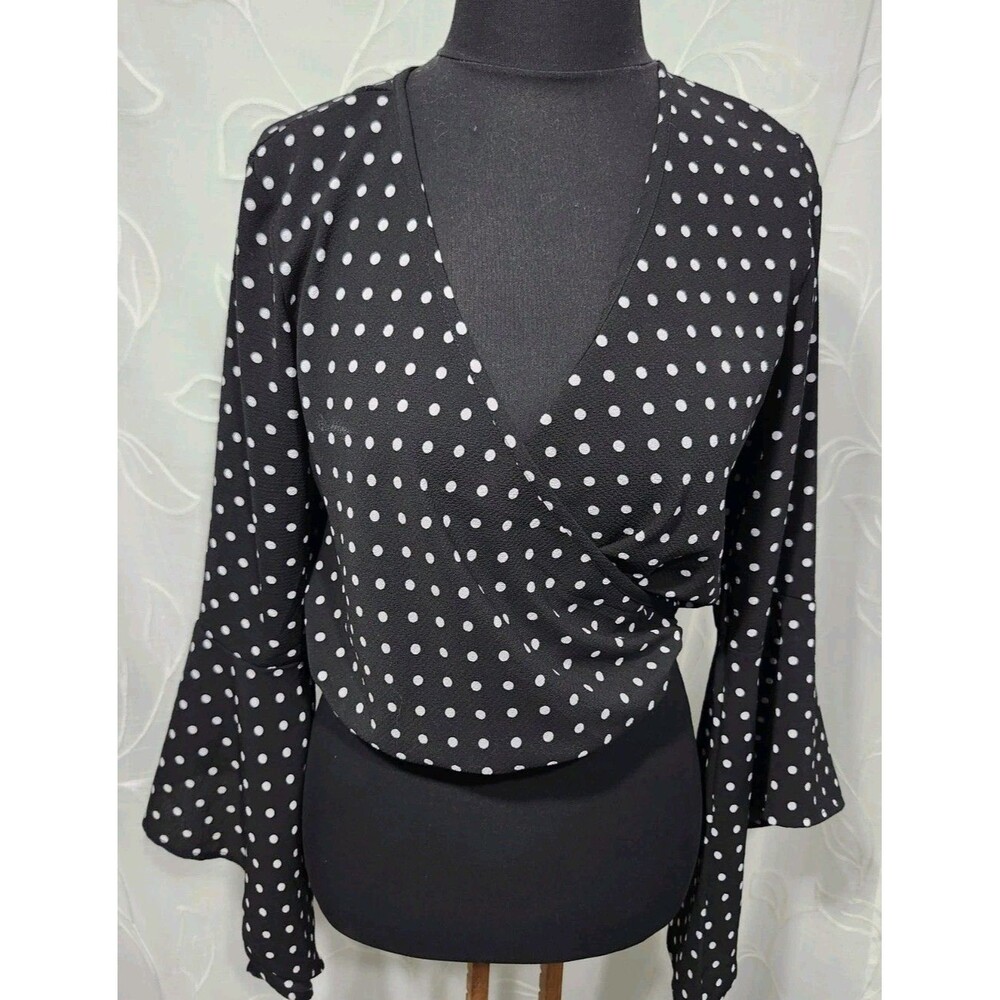 Rue21 Y2K Crop Top Cross Over Polk Dot with Long Bell Sleeves - Women's Medium